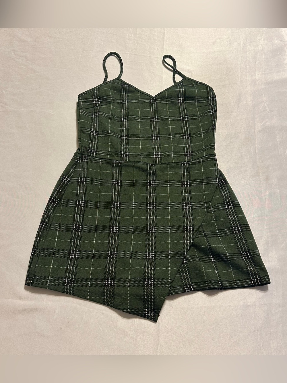 Popular Basics Olive Green Plaid romper with spaghetti straps